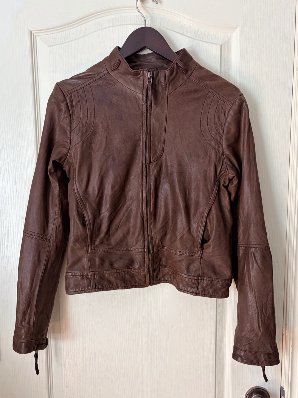 Massimo Dutti Chestnut Brown Lambskin Leather Zip Biker Jacket, Size Small